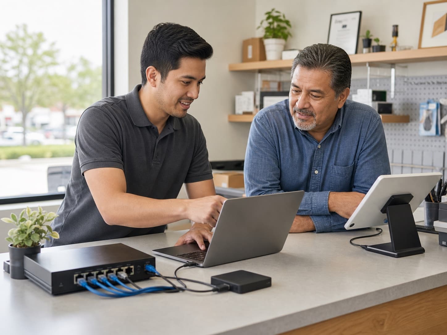 IT technician helping a small-business owner with a laptop, POS terminal, network switch, and backup drive